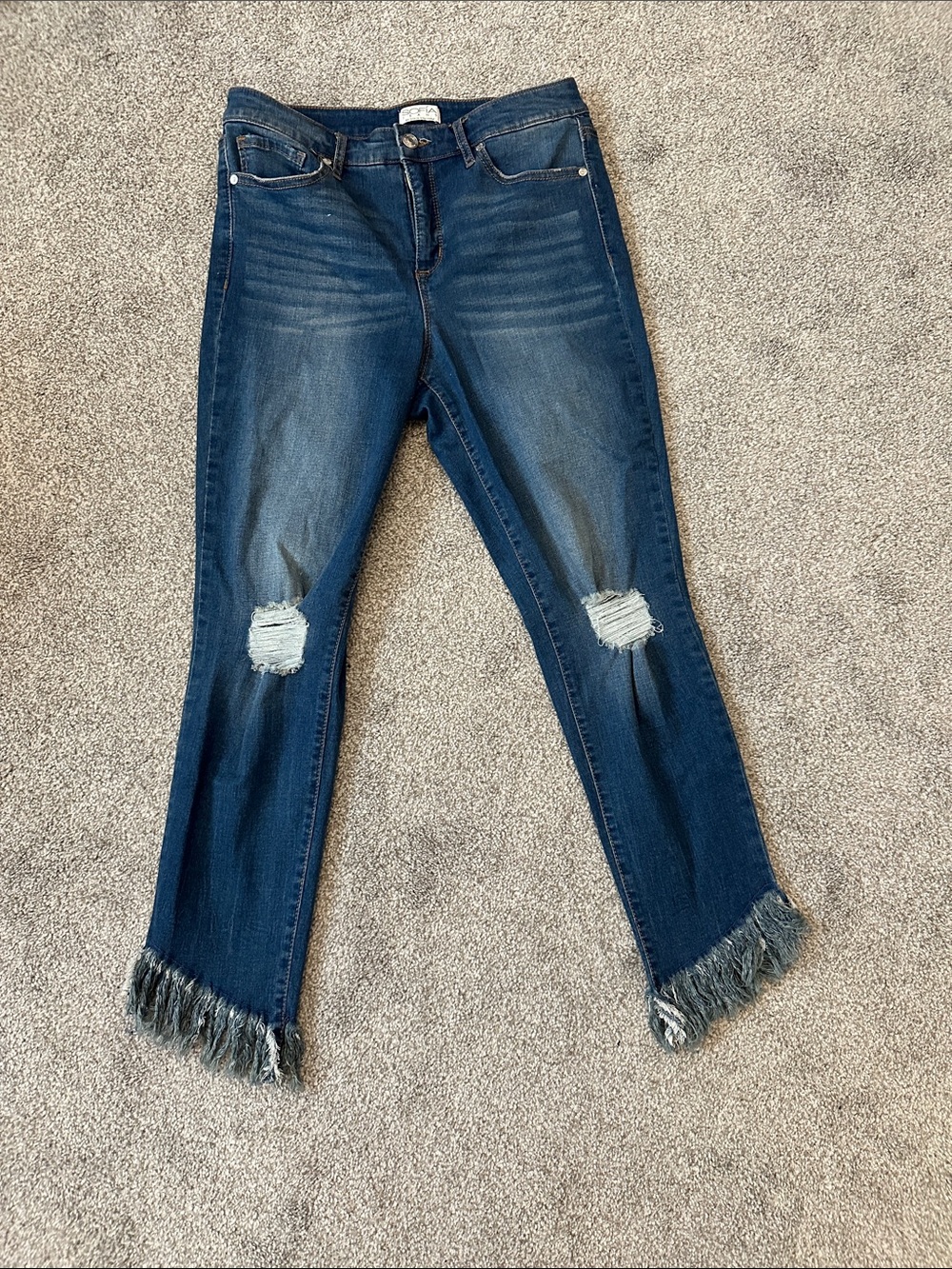 sofia by sofia vergara Dark Blue Distressed Ankle Jeans with Fringe Hem